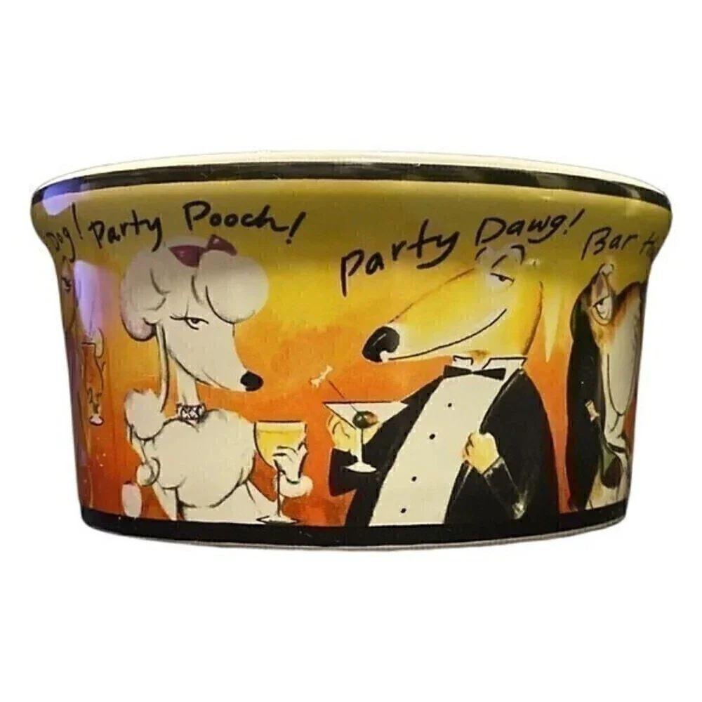Tracy Flickinger Dog Food Bowl PARTY ANIMALS! CHEERS! Certif Int'l PARTY POOCH!